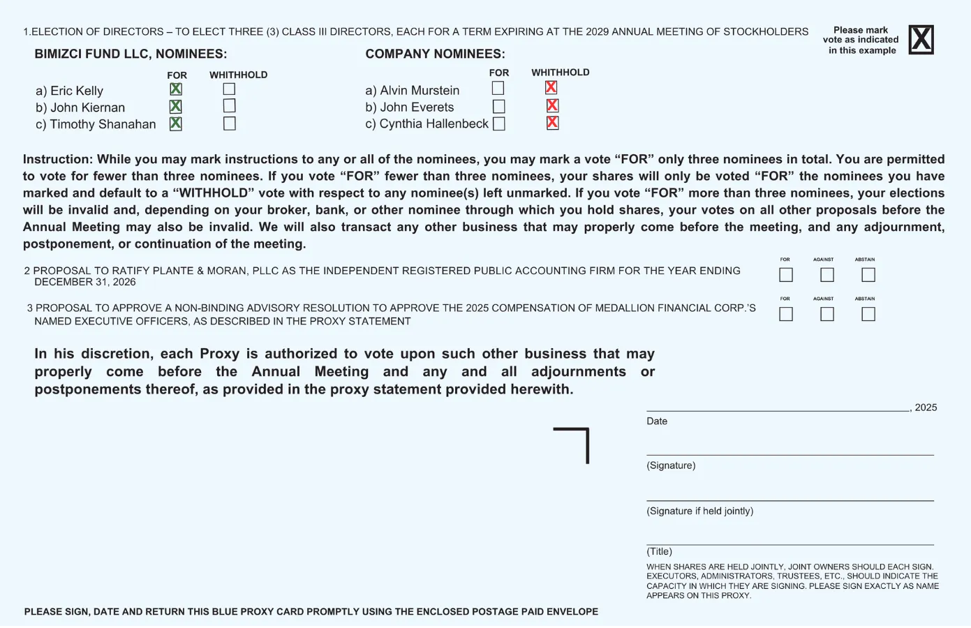 Sample BLUE proxy card showing the three ZimCal nominees with FOR boxes marked